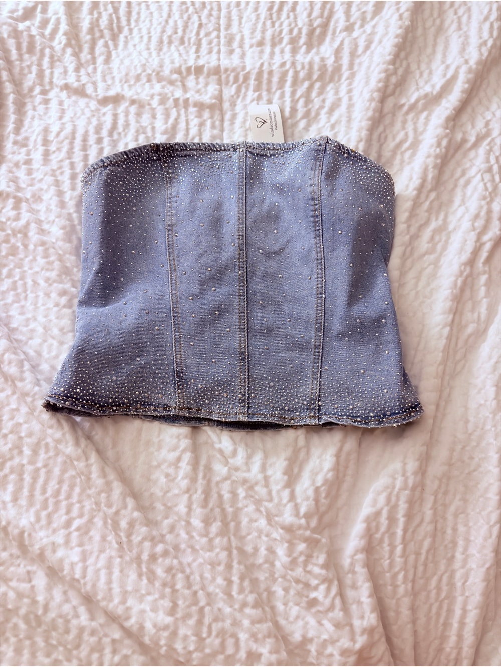 Windsor Light Blue Denim Strapless Corset Top with Rhinestones